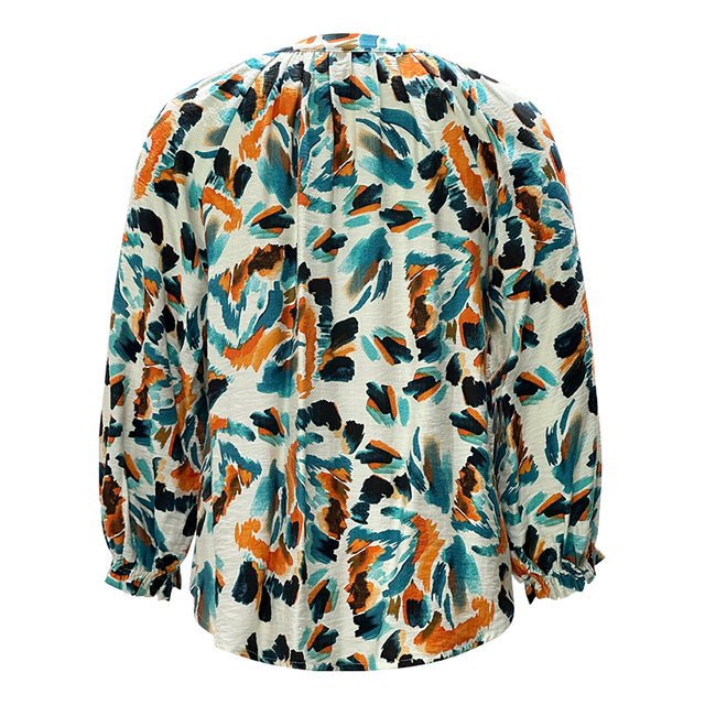 Women's Fashion Printed V-Neck Tie Long Sleeve Shirt