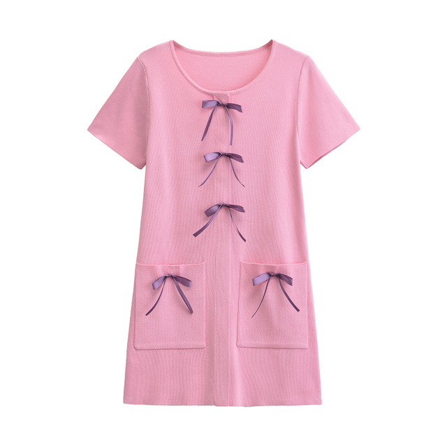 Women's New Bow Trim Knit Round Neck Short Sleeve Dresses