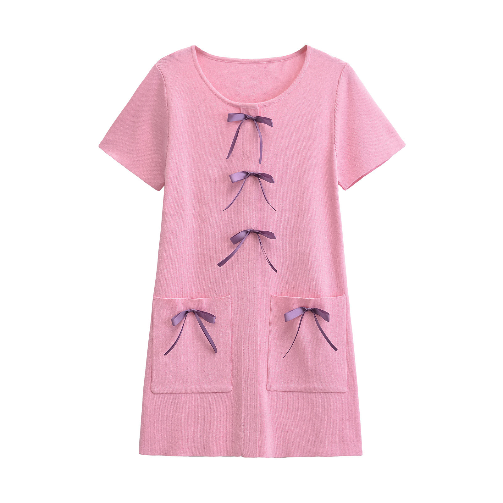 Women's New Bow Trim Knit Round Neck Short Sleeve Dresses