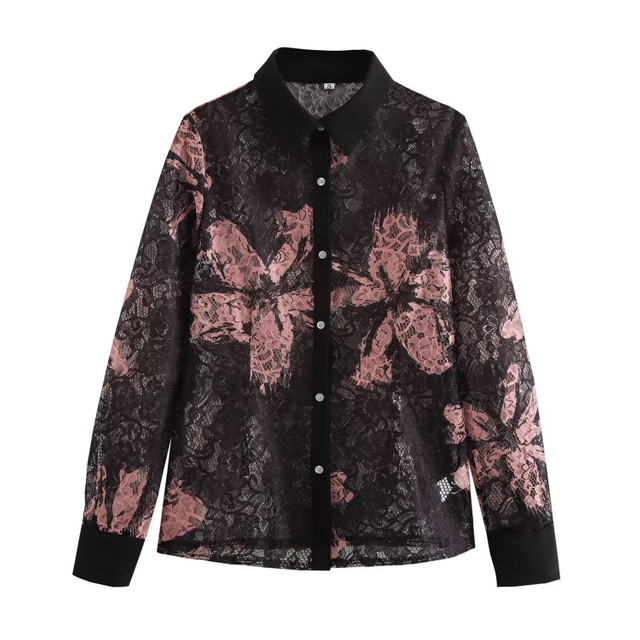 Women's Niche Lace Print Designer Casual Long Sleeve Shirt