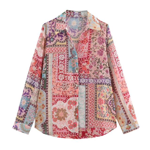 Women's Fashion Versatile Patchwork Printed Long Sleeve Shirt