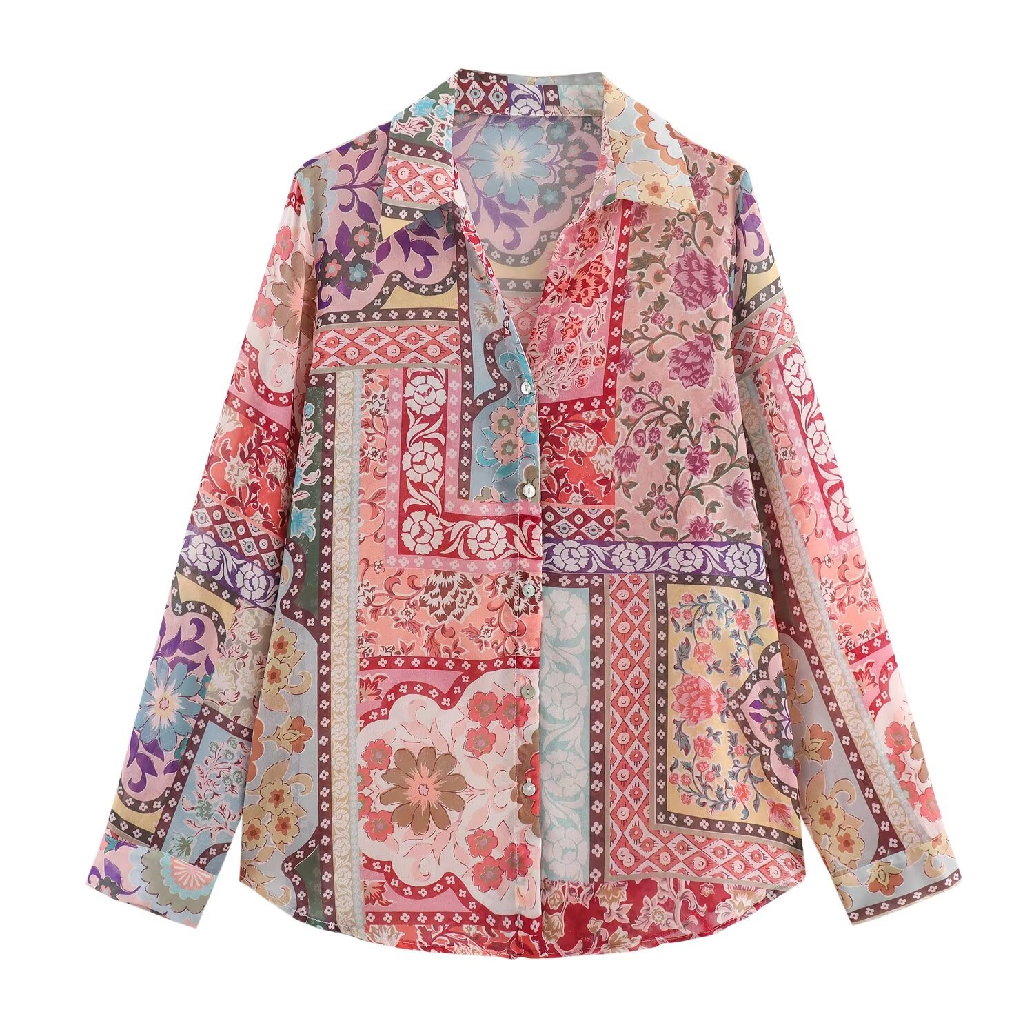 Women's Fashion Versatile Patchwork Printed Long Sleeve Shirt