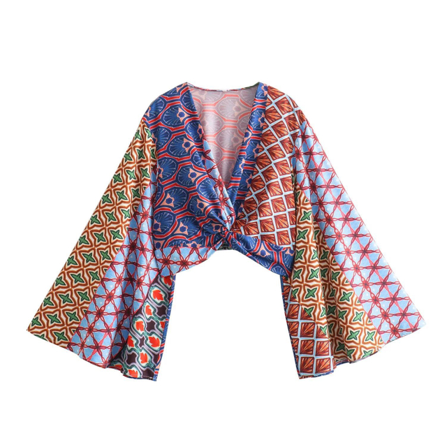 Women's Fashion Knot Embellished Printed Long Sleeve Top