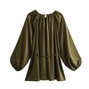 Women's Versatile Solid Color Pullover Round Neck Long Sleeve with Belt Crinkle Effect Top