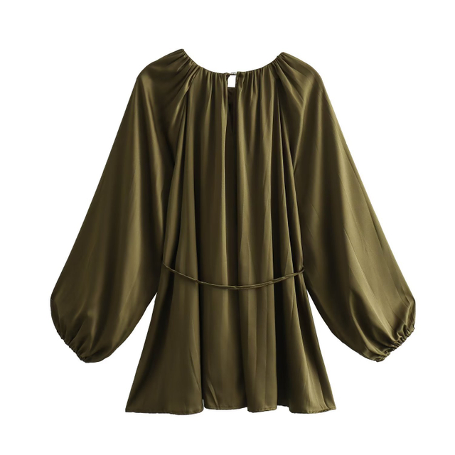 Women's Versatile Solid Color Pullover Round Neck Long Sleeve with Belt Crinkle Effect Top