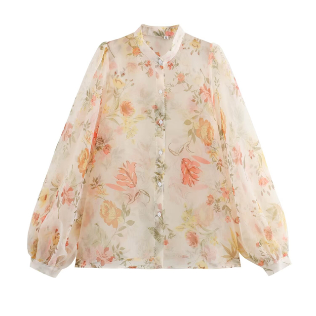 Women's Fashion Simple Versatile Floral Print Bubble Sleeve Long Sleeve Shirt