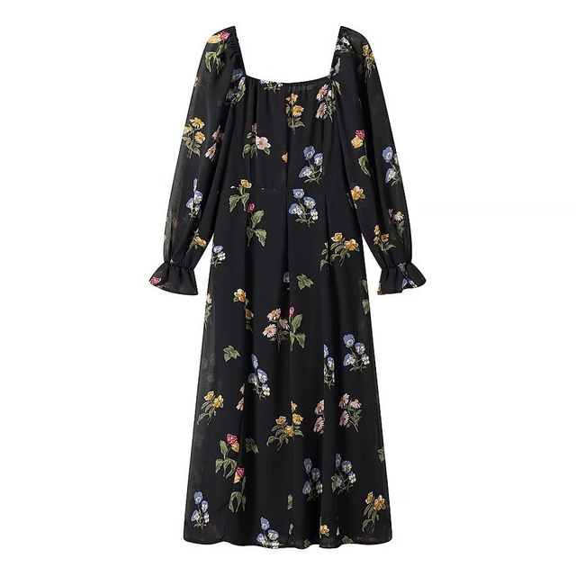 Spring And Summer New French Tea Break Niche Design Retro Black Square Neck Floral Dress Women