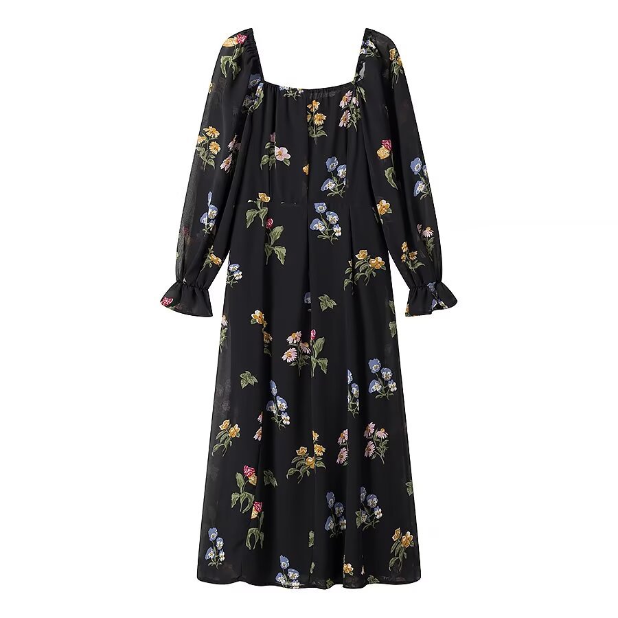 Spring And Summer New French Tea Break Niche Design Retro Black Square Neck Floral Dress Women