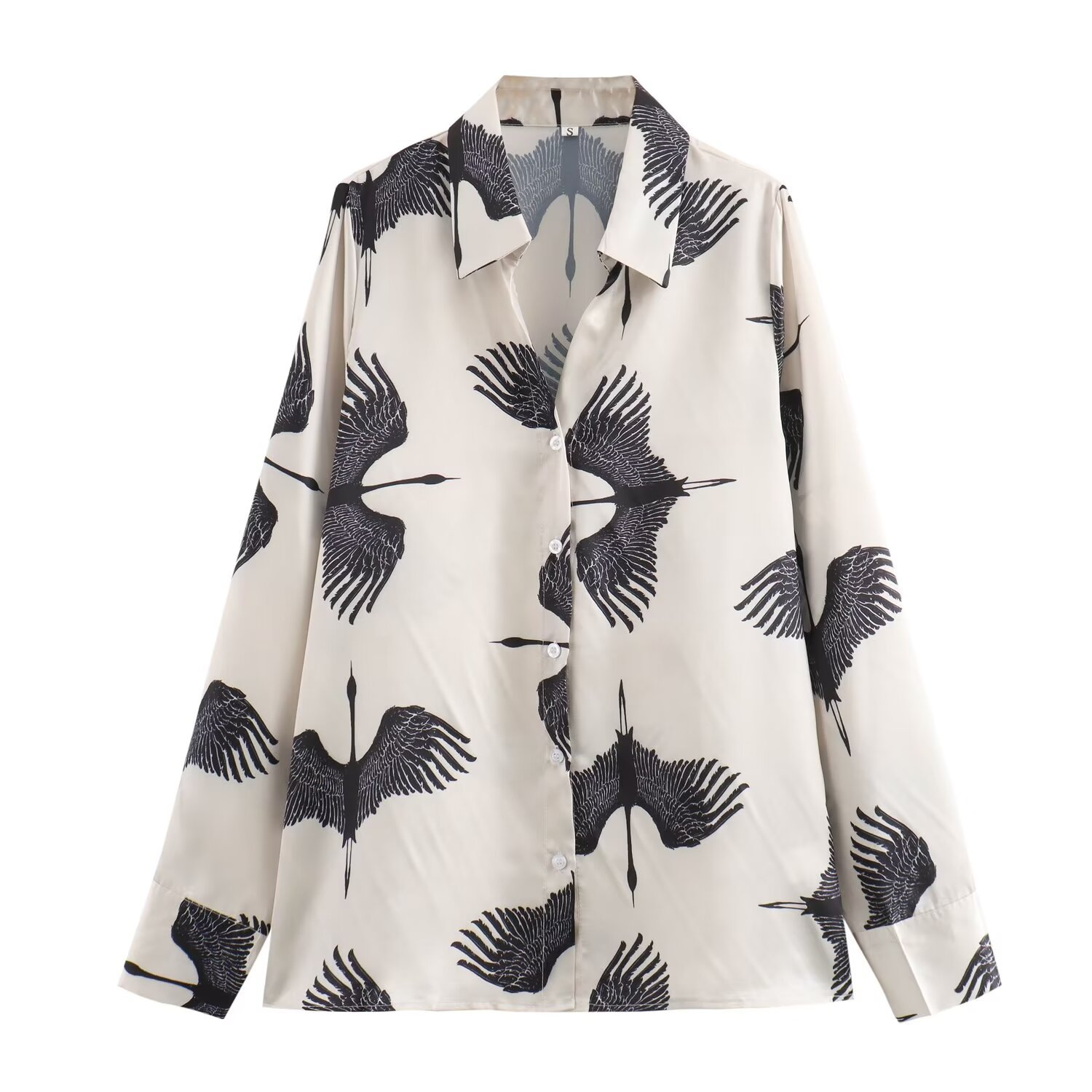 Women's Vintage Satin Thousand Bird Crane Print Long Sleeve Shirt