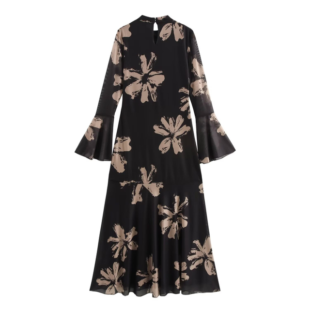 Europe And The United States Wind Summer Women's New Printed Mesh Waisted Package Hip Long-sleeved Dresses