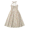 Summer New French Rustic Vintage Print Drawstring Neck Sundresses Dresses