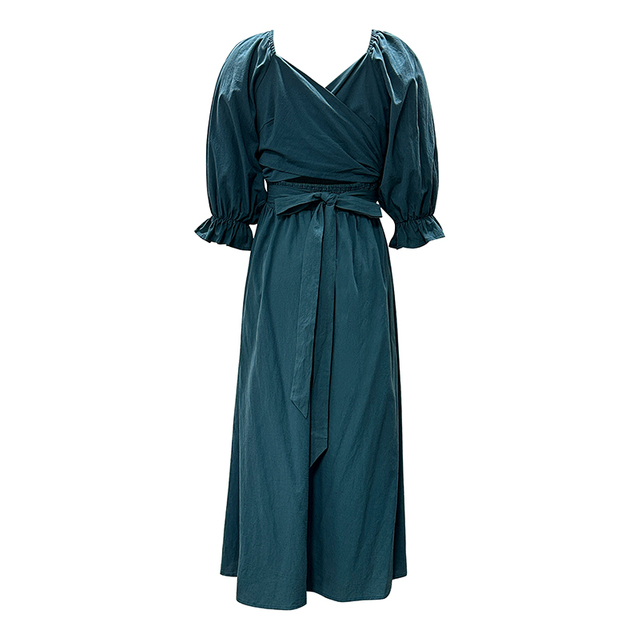 Women's Fashion Solid Color Dress Temperament Square Neck Flare Sleeve Tie Front And Back Mid-Length Dresses