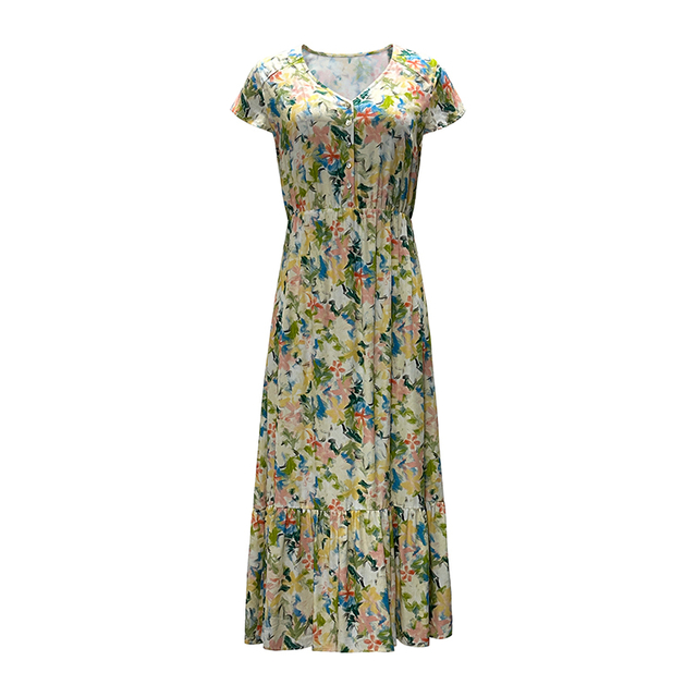 Women's V-neck Printed Short Sleeved Long Dress