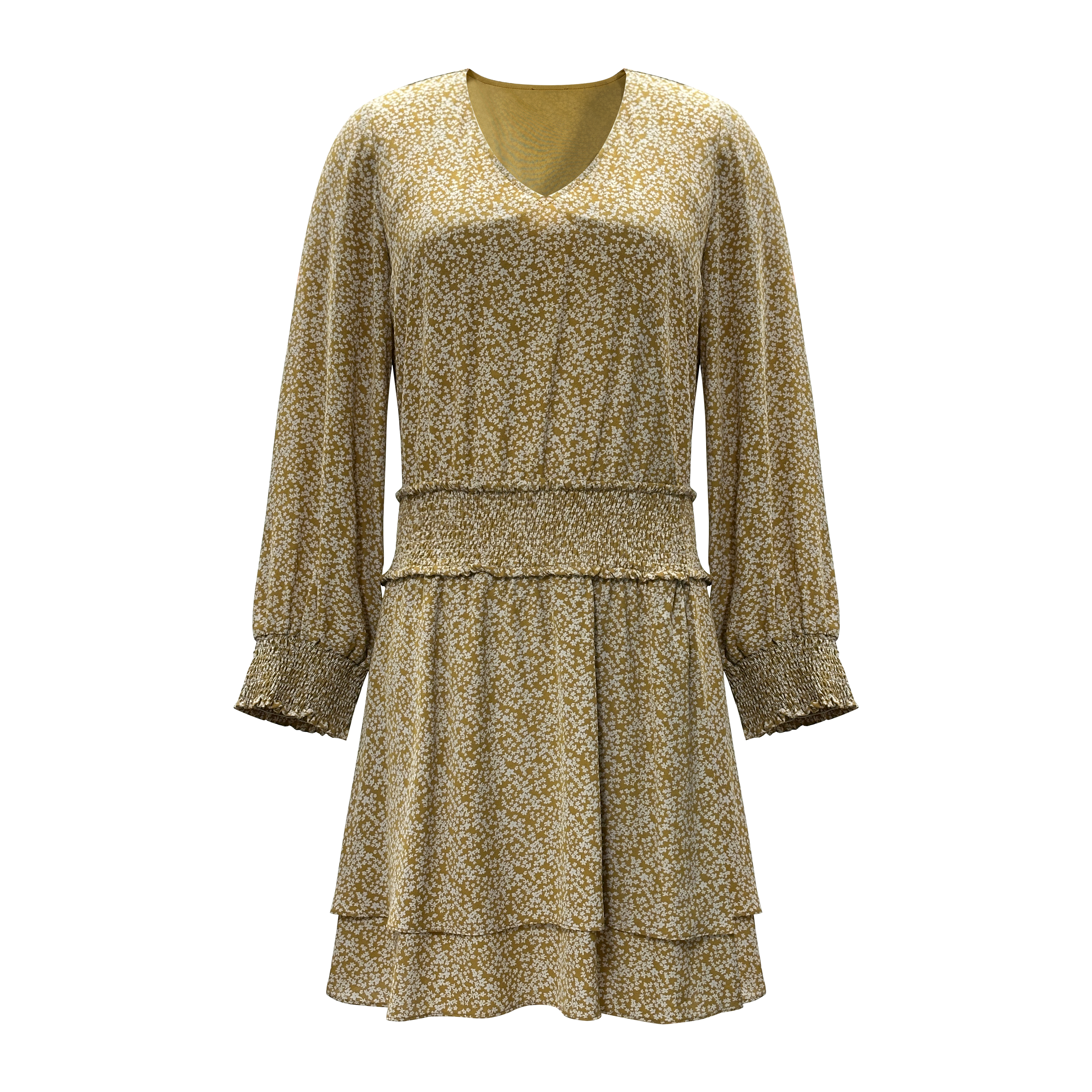 Spring And Summer Long Sleeve V-Neck Fashion Floral Printed Waist Dresses for Women