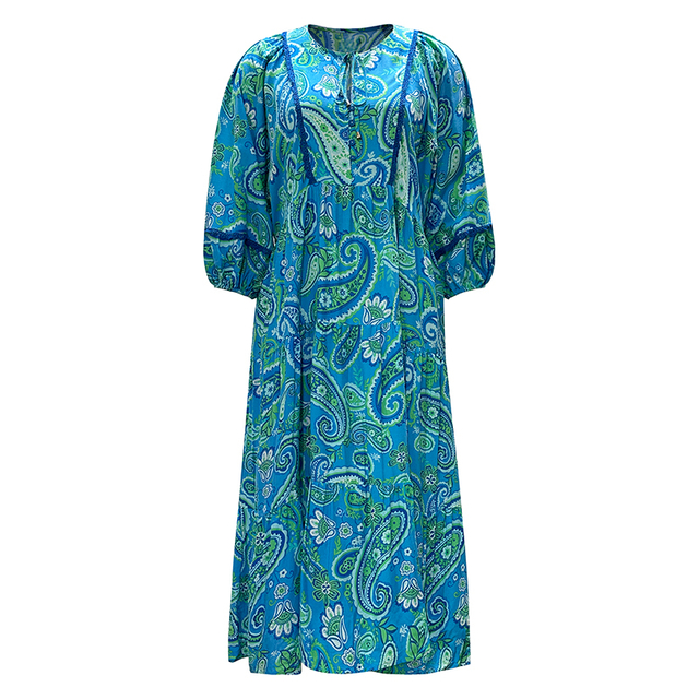 Round Neck Tie Midi Long Sleeve Printed Maxi Dress