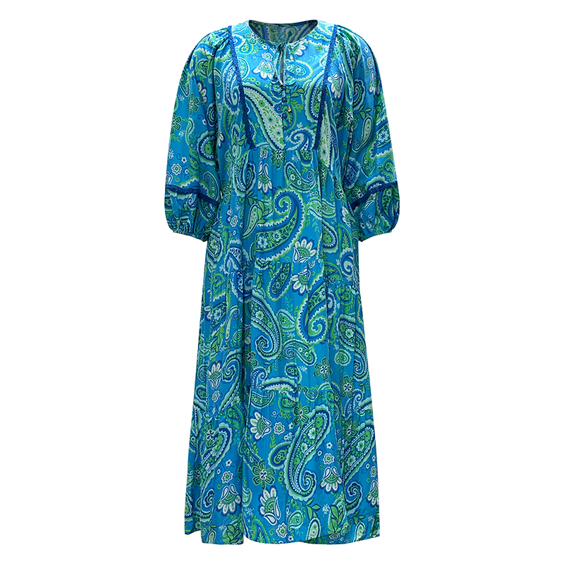 Round Neck Tie Midi Long Sleeve Printed Maxi Dress