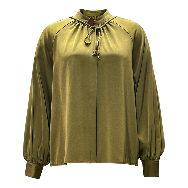 Women's Art Shaped Button French Drape Satin Tie Skinny Shirt