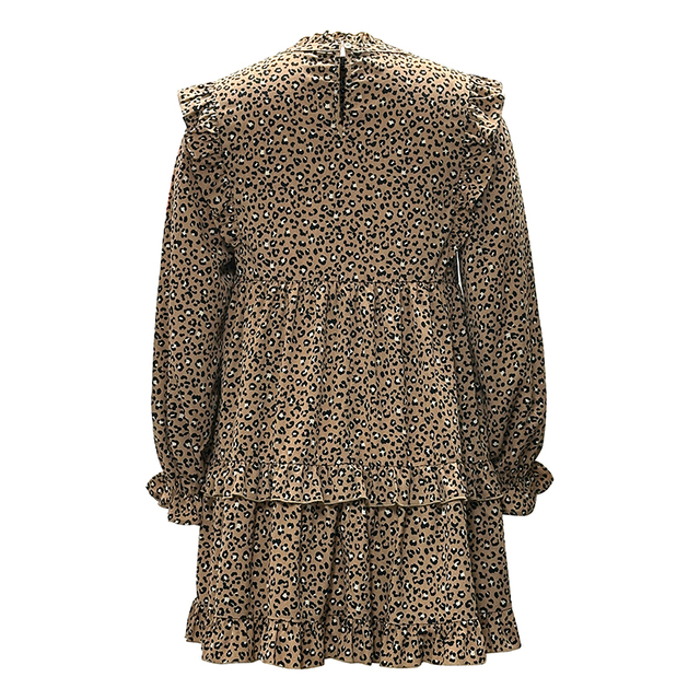 Women's Ruffle Leopard Round Neck Long Sleeve Dresses