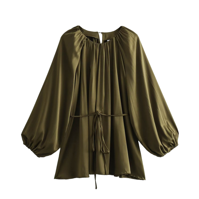 Women's Versatile Solid Color Pullover Round Neck Long Sleeve with Belt Crinkle Effect Top