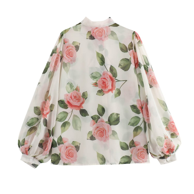 Women's Fashion Light Color Rose Print Collar Tie Lantern Sleeve Shirt