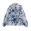 Women's Fashion Simple See-through Small Standing Collar Printed Long Sleeve Shirt
