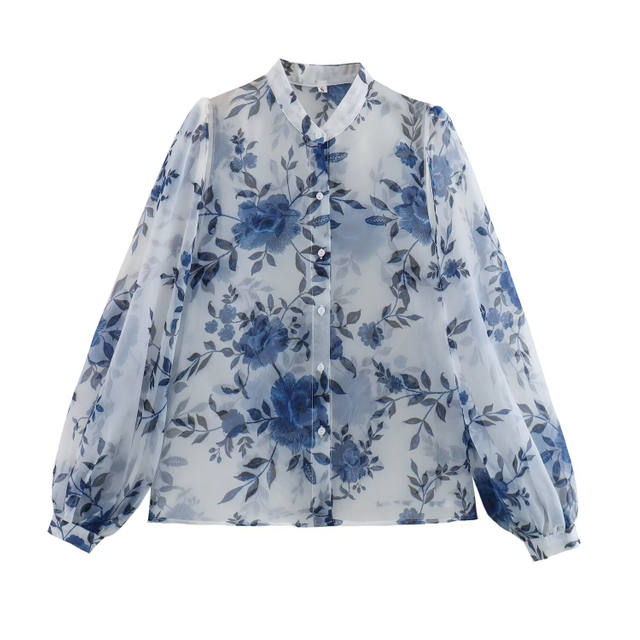 Women's Fashion Simple See-through Small Standing Collar Printed Long Sleeve Shirt