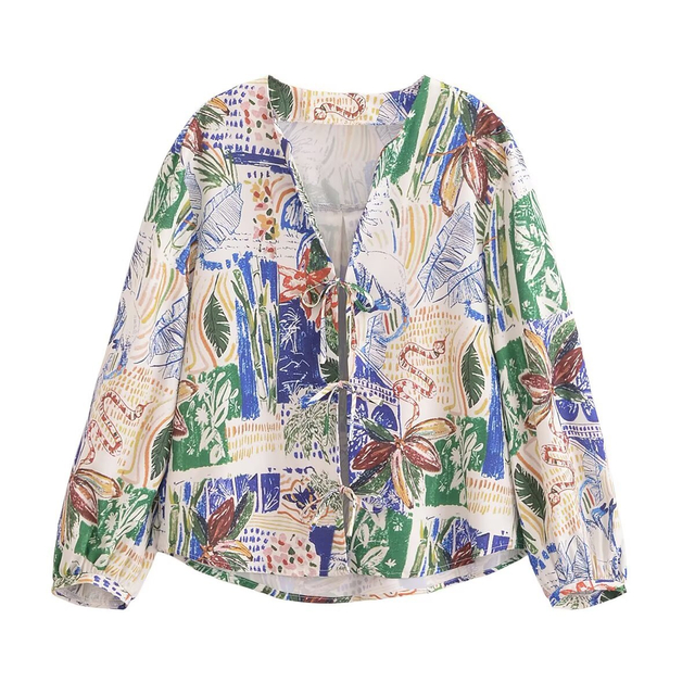 Fun Graffiti Print Tie Women's Shirt V-Neck Cardigan