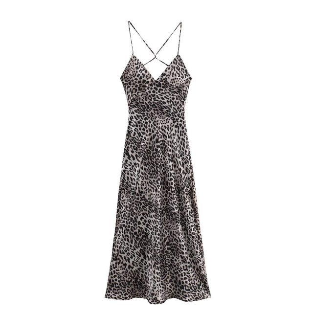 Europe And The United States Wind New Women's Fall Satin Texture Leopard Print V-neck Backless Halter Dresses