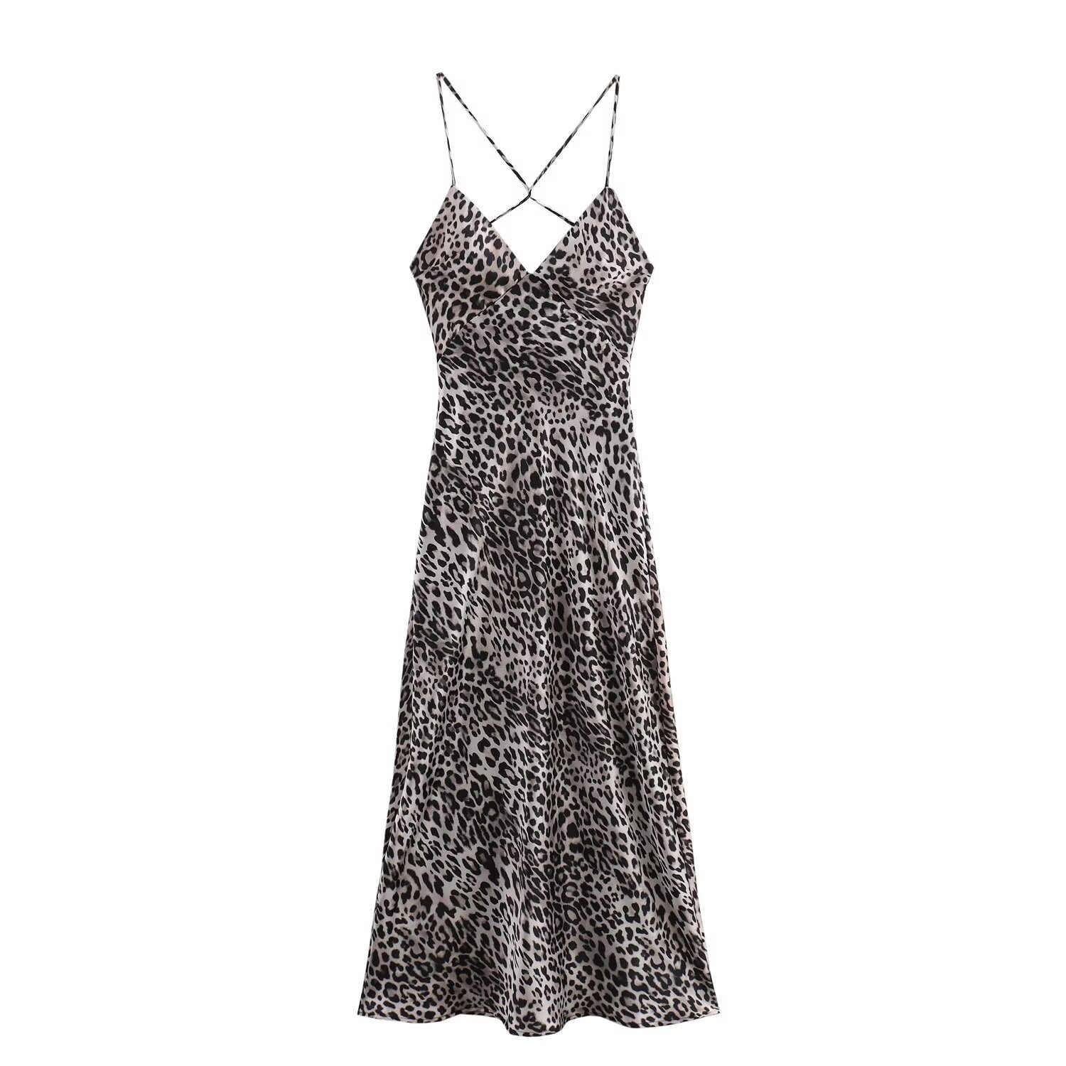 Europe And The United States Wind New Women's Fall Satin Texture Leopard Print V-neck Backless Halter Dresses