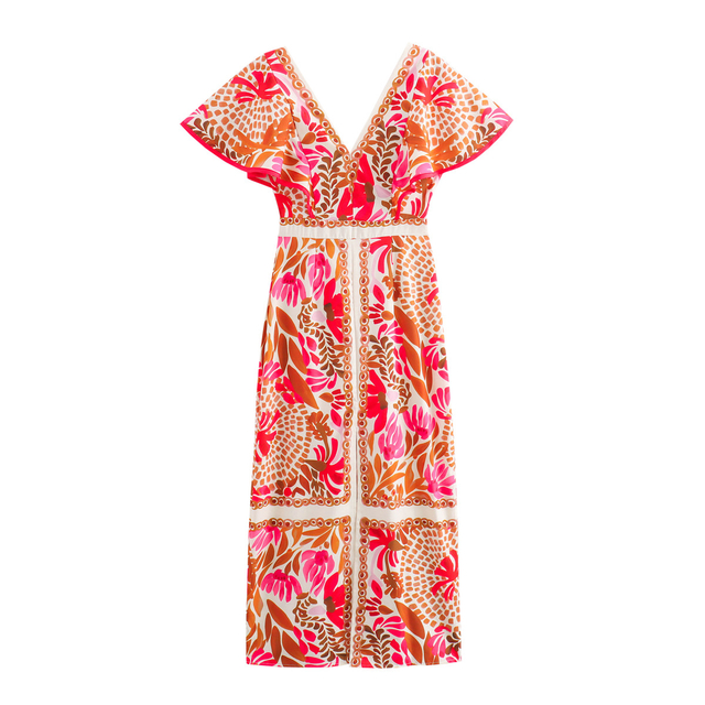 Europe And The United States Women's Printed V-neck Slit Resort Casual Style Dresses