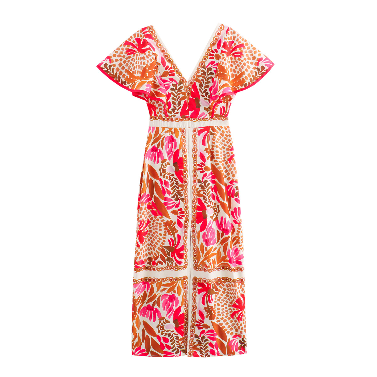 Europe And The United States Women's Printed V-neck Slit Resort Casual Style Dresses