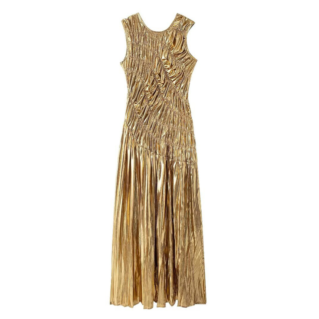 Autumn New Women's Europe And The United States Wind Sleeveless Fashion Sexy Elegant Temperament Hot Gold Pleated Long Skirt