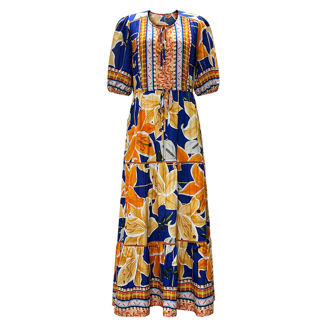 Women's Long Midi Sleeve Printed Round Neck Tie Dresses