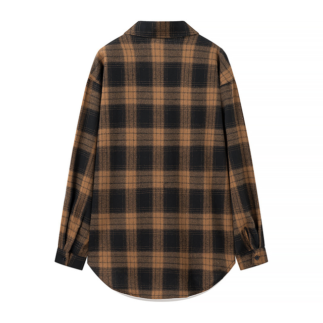 Women's Retro Plaid Long Sleeve Shirt Loose Casual Single Breasted Shirt