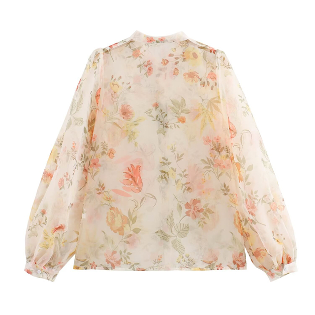 Women's Fashion Simple Versatile Floral Print Bubble Sleeve Long Sleeve Shirt