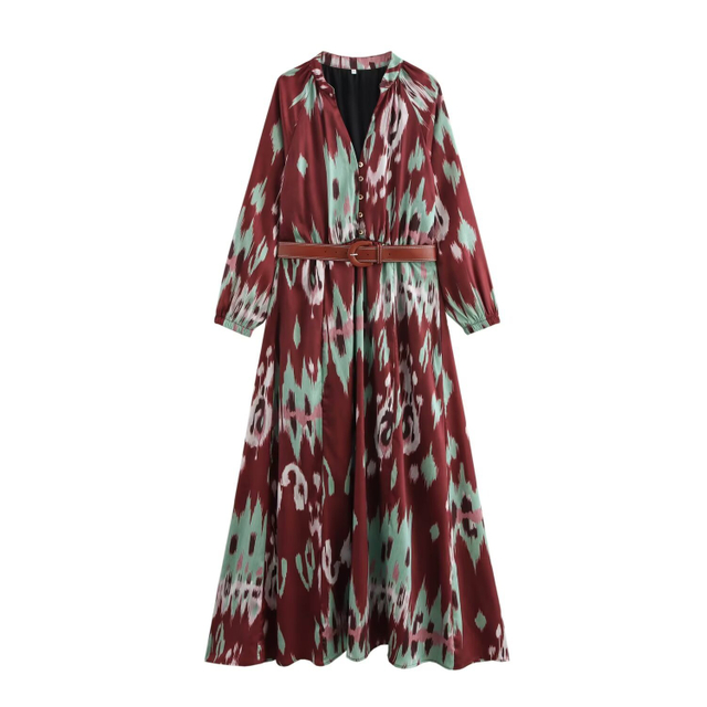 Europe And The United States Temperament Fashion V-neck Long-sleeved Printed Waist Long Dress Female