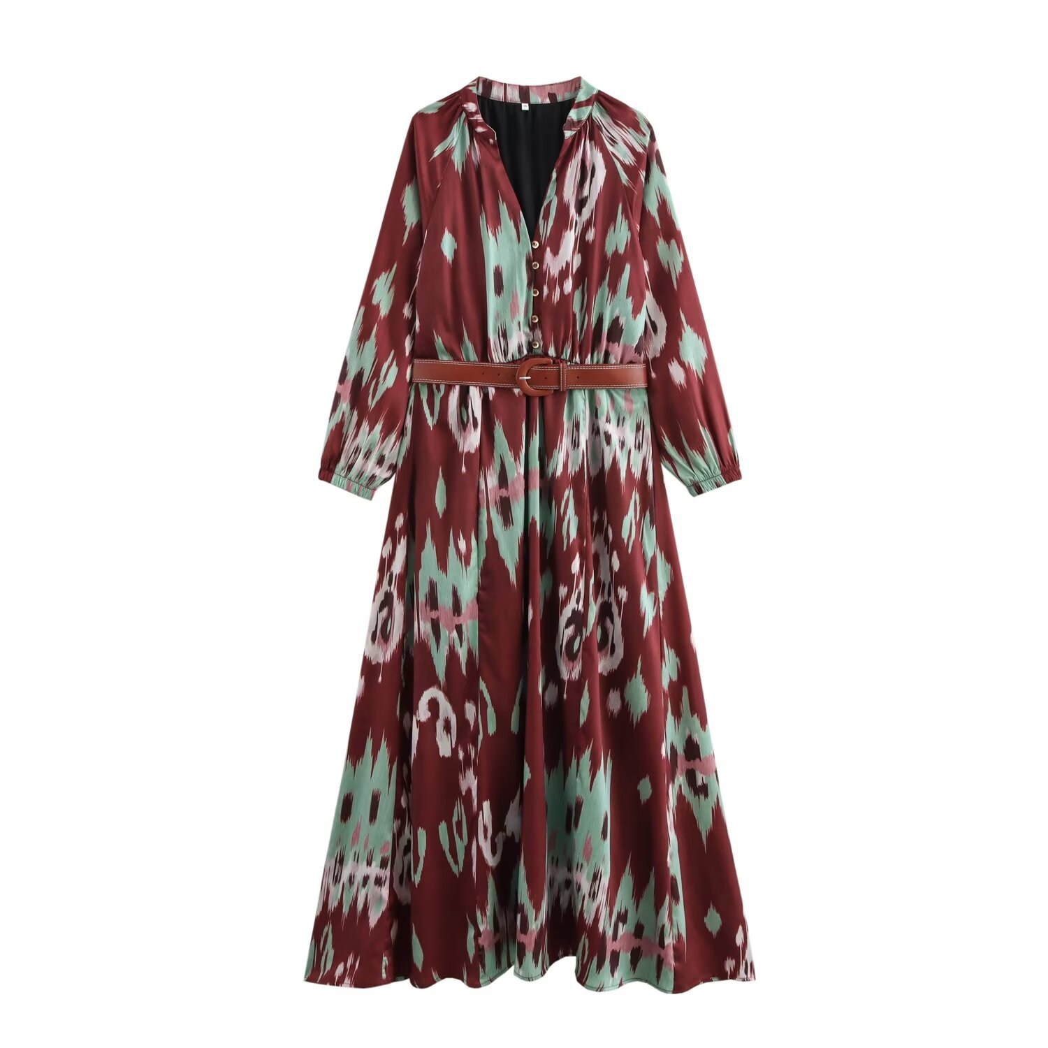Europe And The United States Temperament Fashion V-neck Long-sleeved Printed Waist Long Dress Female