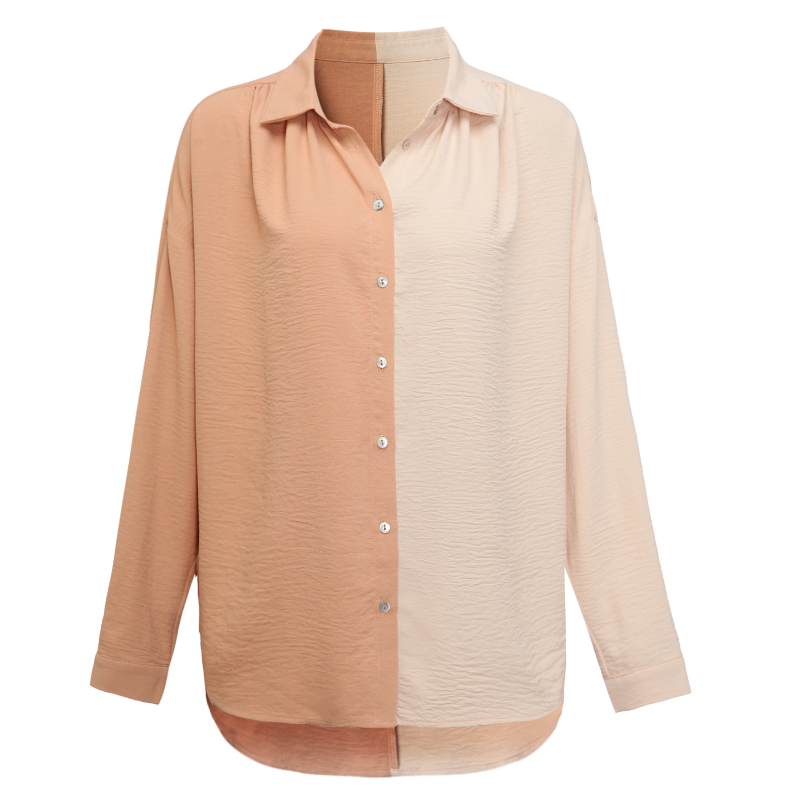 Women's Round Collar Patchwork Casual Long Sleeve Shirt