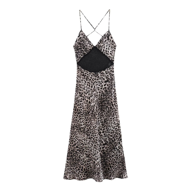 Europe And The United States Wind New Women's Fall Satin Texture Leopard Print V-neck Backless Halter Dresses