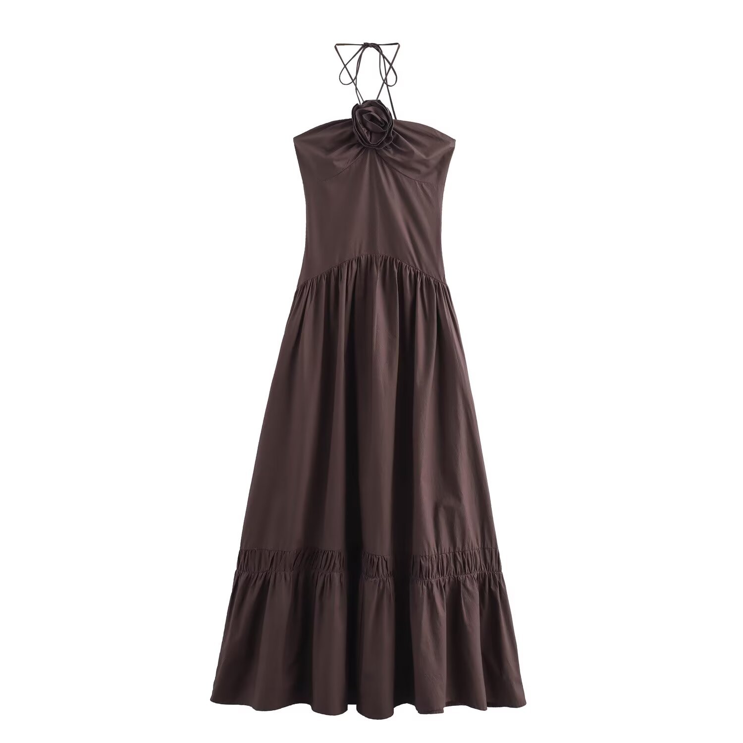 Summer New Women's Solid Color Pullover Sleeveless Hanging Neck Tie Flower Decoration Long Dresses Dresses
