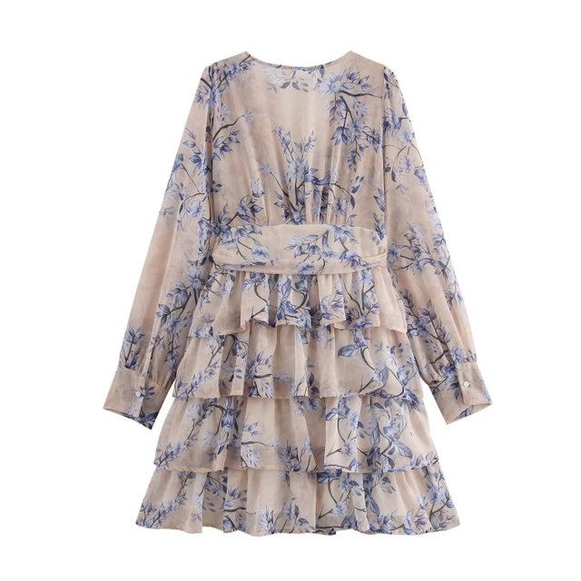 Europe And The United States Wind Women's New Chiffon V-neck Long-sleeved Waisted Stacked Cake Skirt A Word Dress