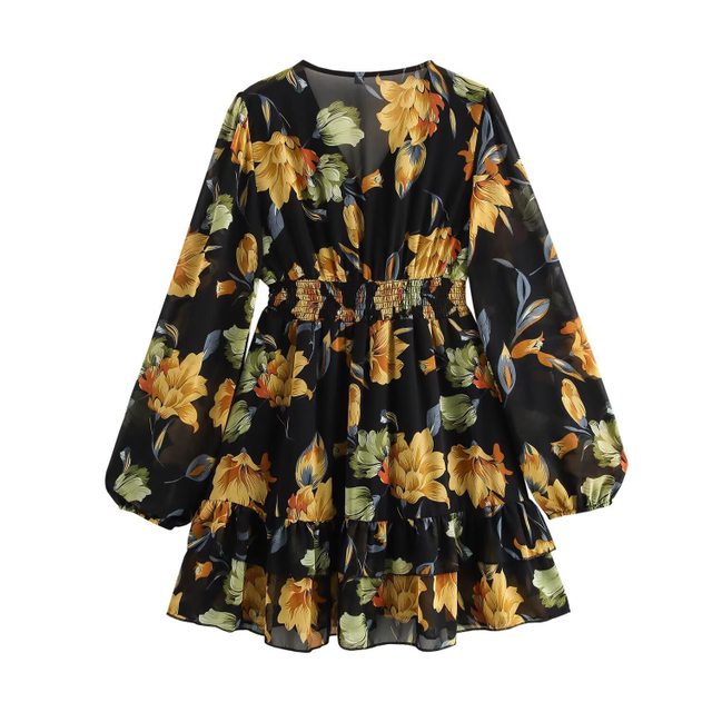 Women's Europe And The United States Wind V-neck Printed French Design Fashion Versatile Waisted Stacked Ruffled Dress Short Dresses