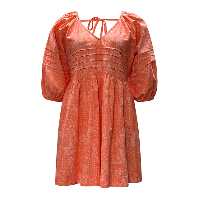 Women's V-neck Lantern Sleeve Printed Dress