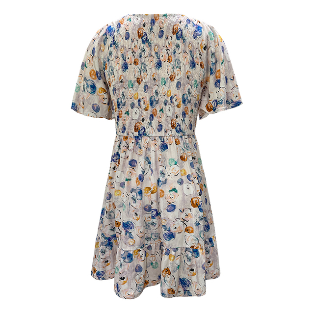 Summer Women's Waisted V-Neck Printed Short Sleeve Dresses