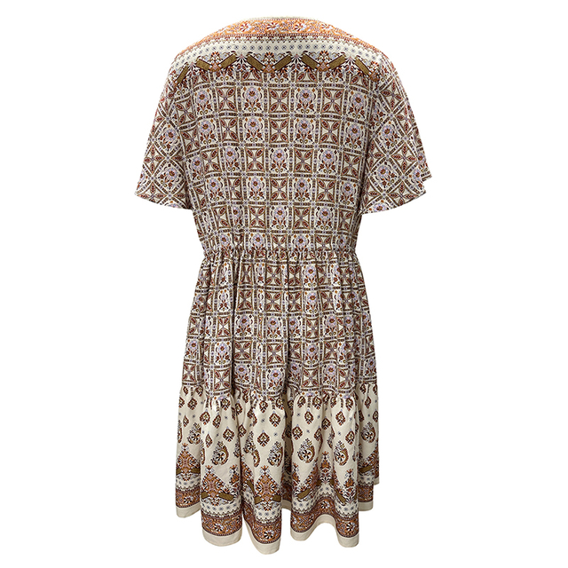 Women's Lace Embellished Short Sleeve Fashion V-Neck Printed Midi Dress Dress