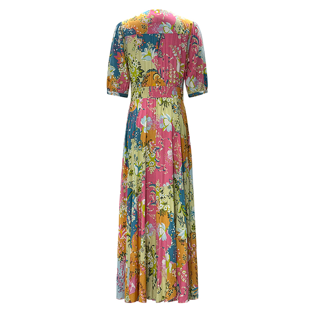 Women's V-Neck Short Sleeve Printed Waist Long Dresses