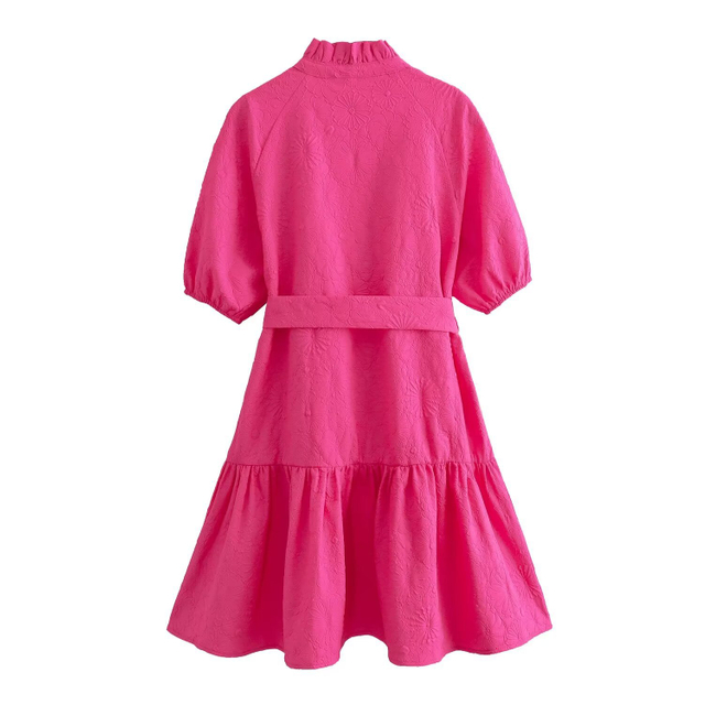 Women's French Casual Vintage Style Lace Neck Mini Dress with Belt