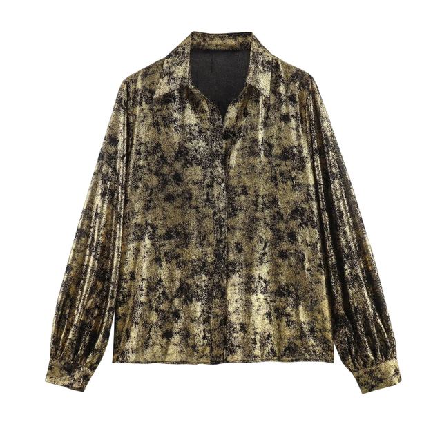 Spring New Ladies Fashion Long-sleeved Lapel Metal Foil Shirt 