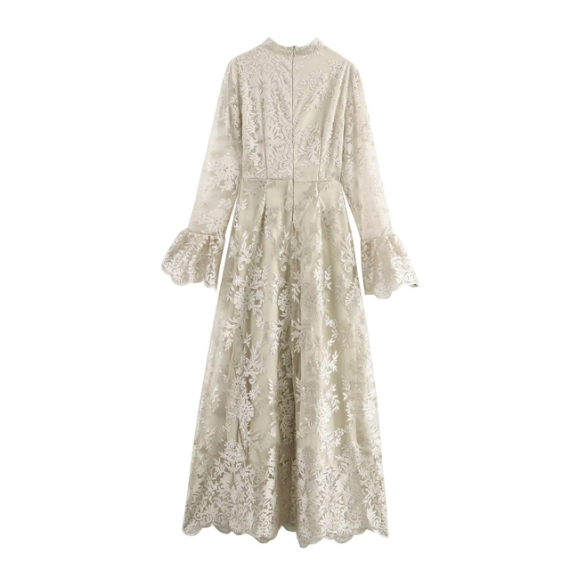 Europe And The United States Wind Women's New French Collar Flared Sleeves Embroidery Design Long-sleeved Dresses