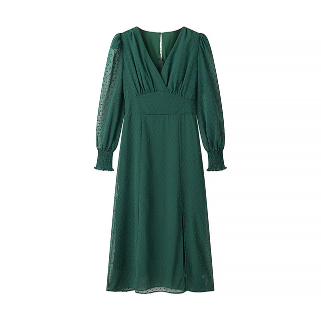 Women's French Vintage V-neck Long-sleeved Slim Open Jacquard Temperament Dresses